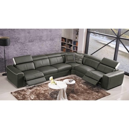 Canapé d'angle double relax électrique en cuir de buffle italien de luxe 7/8 places BESTRELAX, gris foncé et blanc, angle droit,