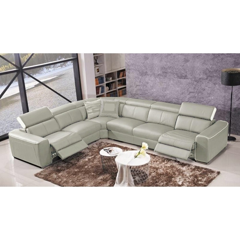 Canapé d'angle double relax électrique en cuir de buffle italien de luxe 7/8 places BESTRELAX gris clair et blanc, angle gauche, Canapé d'angle double relax électrique en cuir de buffle italien de luxe 7/8 places BESTRELAX gris clair et blanc, angle gauche,