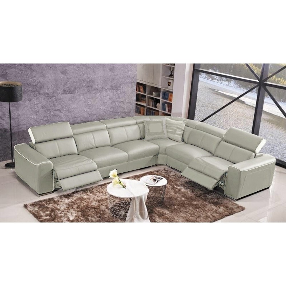 Canapé d'angle double relax électrique en cuir de buffle italien de luxe 7/8 places BESTRELAX, gris clair et blanc, angle droit, Canapé d'angle double relax électrique en cuir de buffle italien de luxe 7/8 places BESTRELAX, gris clair et blanc, angle droit,