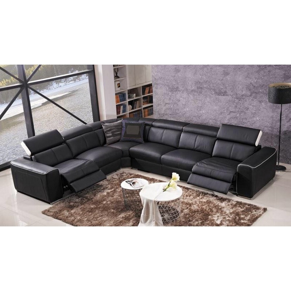 Canapé d'angle double relax électrique en cuir de buffle italien de luxe 7/8 places BESTRELAX noir et blanc, angle gauche, Canapé d'angle double relax électrique en cuir de buffle italien de luxe 7/8 places BESTRELAX noir et blanc, angle gauche,