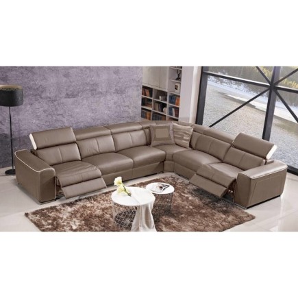 Canapé d'angle double relax électrique en cuir de buffle italien de luxe 7/8 places BESTRELAX, moka et blanc, angle droit,