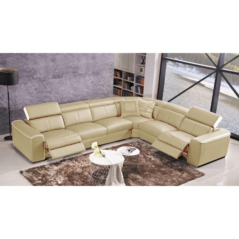 Canapé d'angle double relax électrique en cuir de buffle italien de luxe 7/8 places BESTRELAX, beige et blanc, angle droit, Canapé d'angle double relax électrique en cuir de buffle italien de luxe 7/8 places BESTRELAX, beige et blanc, angle droit,