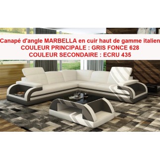 Canapé d'angle MARBELLA en cuir haut de gamme italien GRIS 628 Principale et ECRU 435 Secondaire