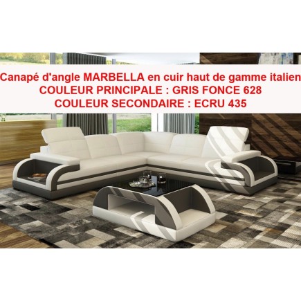 Canapé d'angle MARBELLA en cuir haut de gamme italien GRIS 628 Principale et ECRU 435 Secondaire