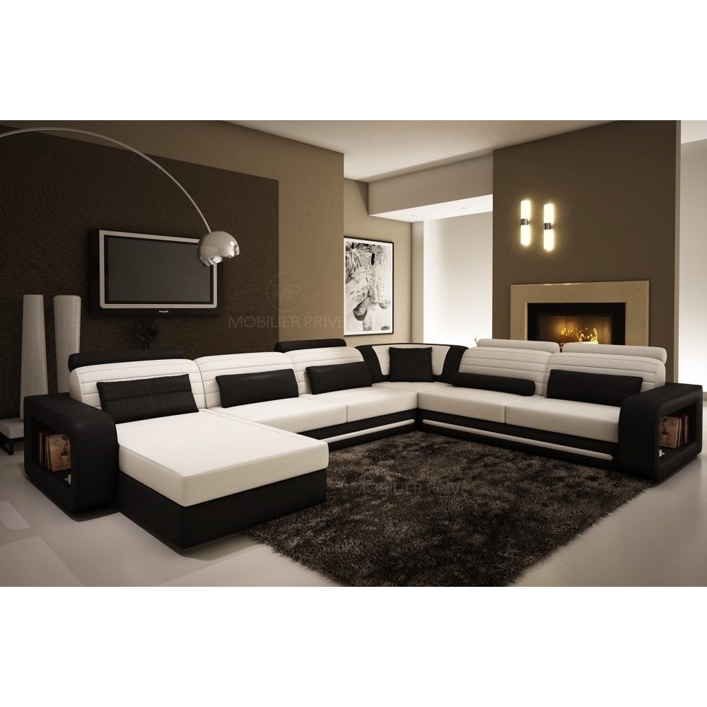 Canapé d'angle en cuir italien 8 places ATLANTA, blanc et noir, angle droit Canapé d'angle en cuir italien 8 places ATLANTA, blanc et noir, angle droit