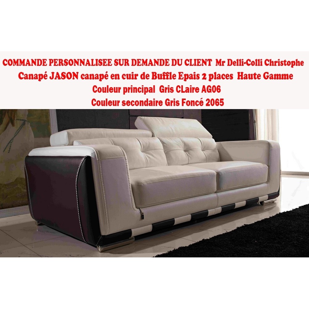 COMMANDE PERSONNALISEE SUR DEMANDE DU CLIENT DELLI-COLLI CHRISTOPHE Canapé 2 places en cuir italien buffle EPAIS JASON, GRIS CLA