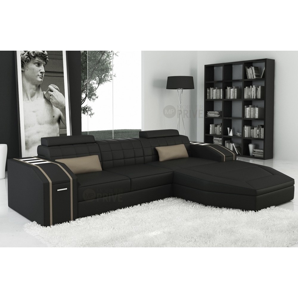1er paiement pour la commande, Canapé d'angle en cuir italien 5 places ELSON, noir et beige, angle droit, au total