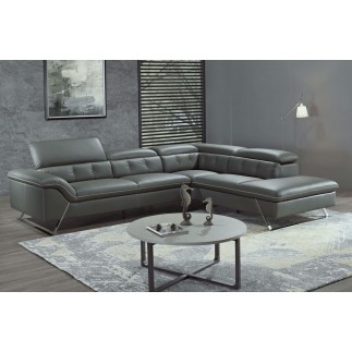 Canapé d'angle en cuir de buffle italien de luxe 5/6 places, VIDA, gris foncé et surpiqure blanche, angle droit
