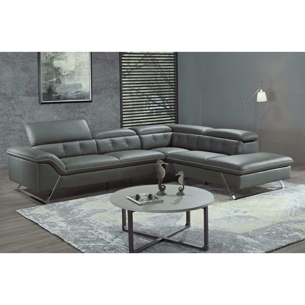Canapé d'angle en cuir de buffle italien de luxe 5/6 places, VIDA, gris foncé et surpiqure blanche, angle droit Canapé d'angle en cuir de buffle italien de luxe 5/6 places, VIDA, gris foncé et surpiqure blanche, angle droit