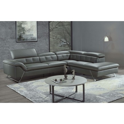 Canapé d'angle en cuir de buffle italien de luxe 5/6 places, VIDA, gris foncé et surpiqure blanche, angle droit