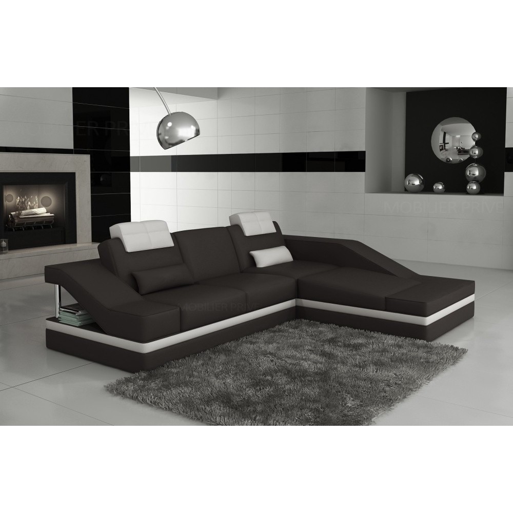 Canapé d'angle en cuir italien 5 places ELVIR, noir et blanc, angle droit Canapé d'angle en cuir italien 5 places ELVIR, noir et blanc, angle droit
