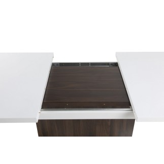 Très jolie table avec rallonge, BRICA, très brillante, extérieur recouvert d’une feuille en noyer
