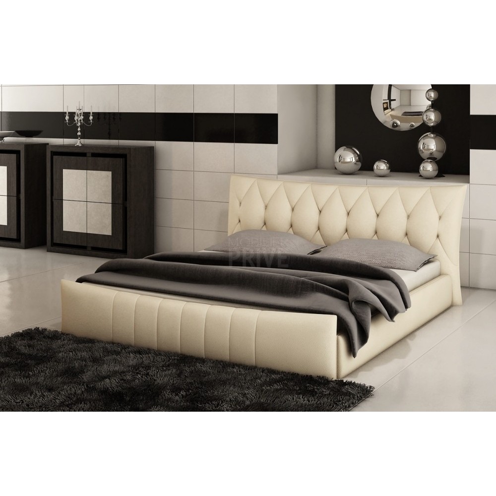 1er paiement en 3x sans frais de la commande d, Lit en cuir italien de luxe camille, écru, 160x200