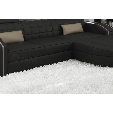 Canapé d'angle en cuir italien 5 places ELSON, noir et beige, angle droit