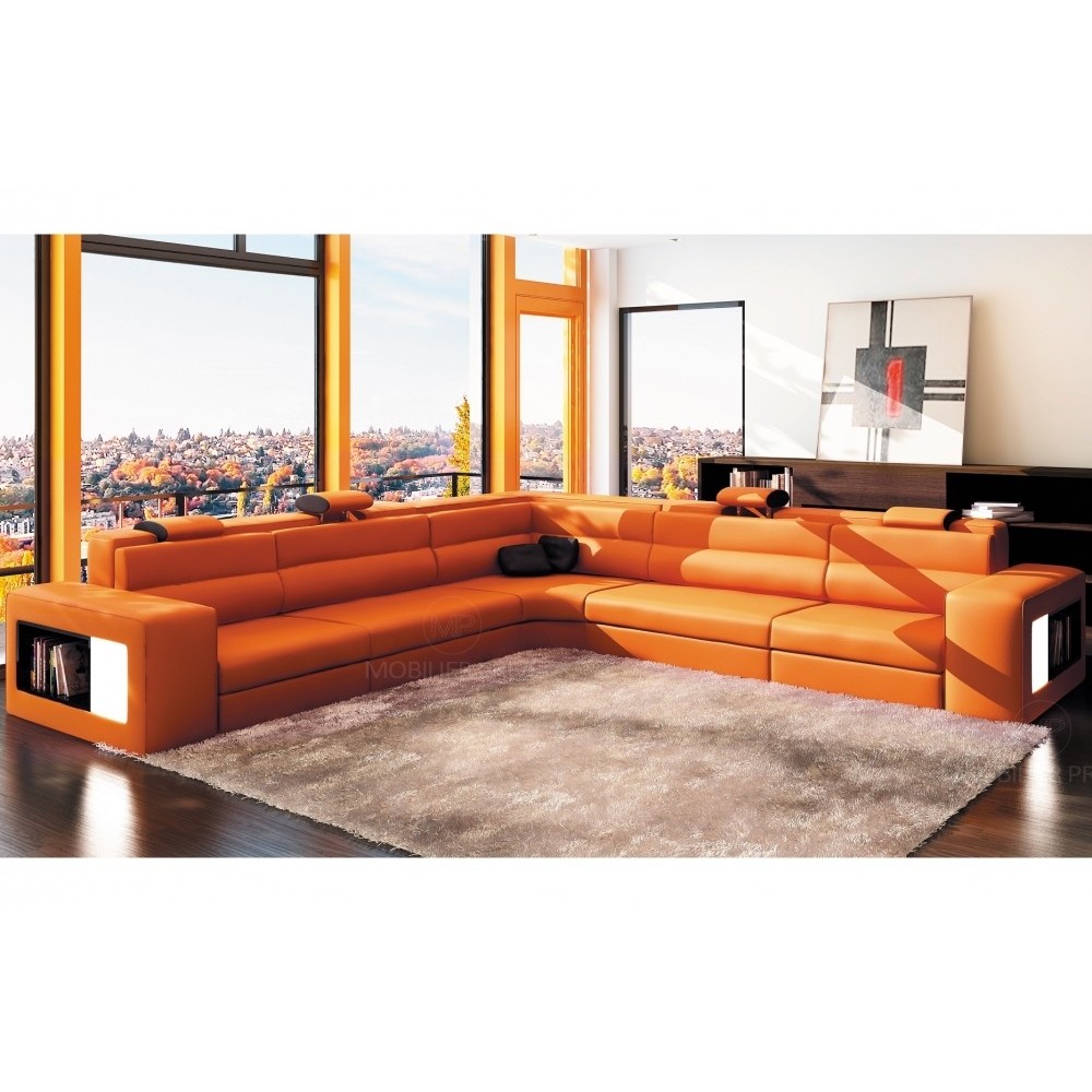Canapé d'angle en cuir italien 6/7 places DIVINA, orange / noir Canapé d'angle en cuir italien 6/7 places DIVINA, orange / noir