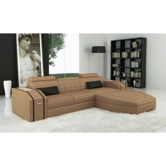 Canapé d'angle en cuir italien 5 places ELSON, beige et noir