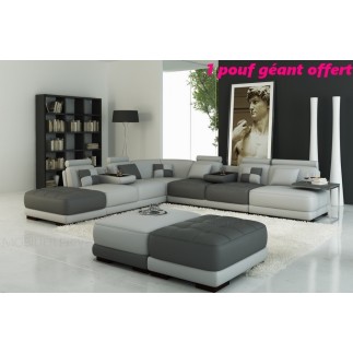 Canapé d'angle en cuir italien 7/8 places ELIXIR, gris clair et gris foncé, 1 POUF OFFERT