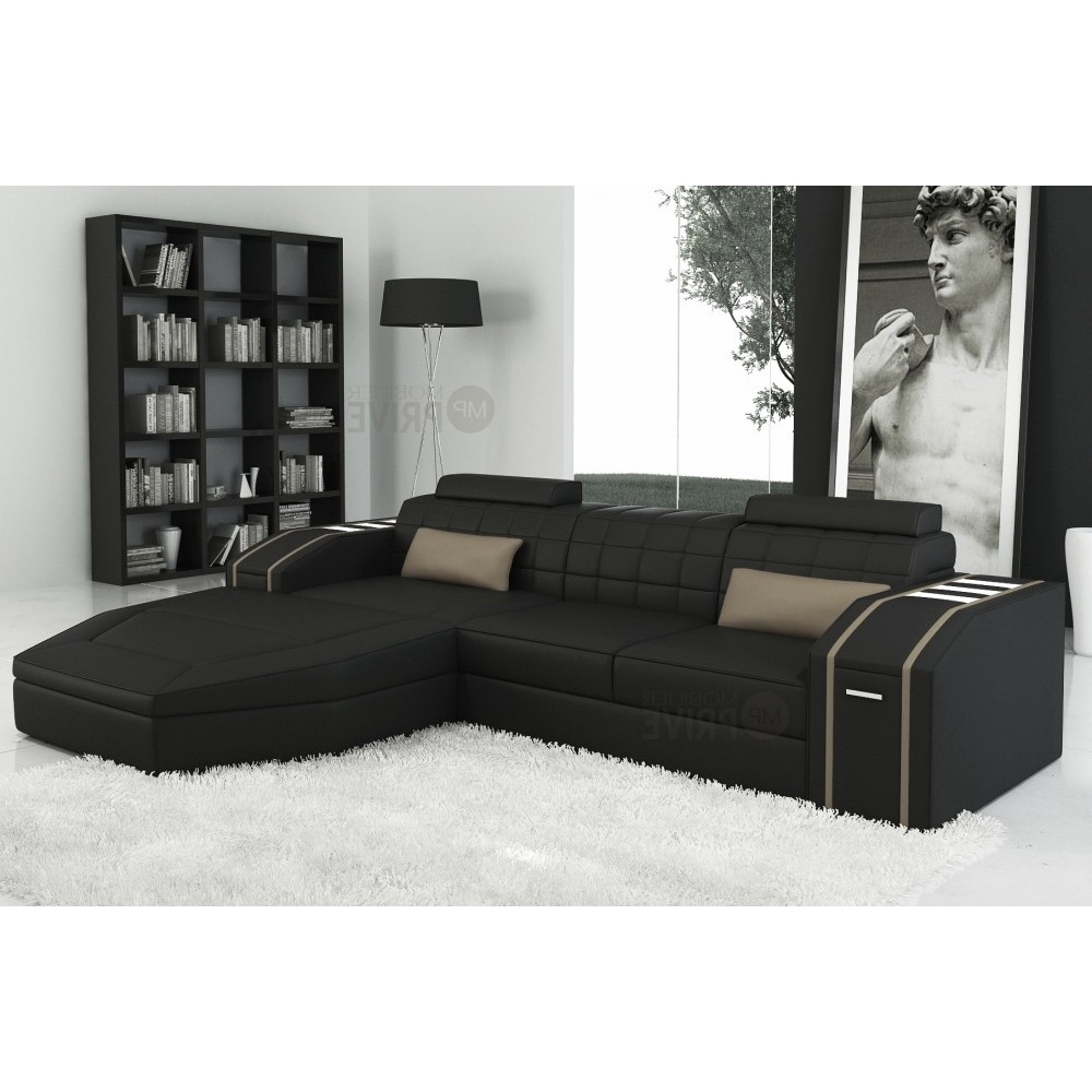 Canapé d'angle en cuir italien 5 places ELSON, noir et beige, angle gauche Canapé d'angle en cuir italien 5 places ELSON, noir et beige, angle gauche