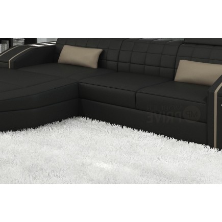 Canapé d'angle en cuir italien 5 places ELSON, noir et beige, angle gauche