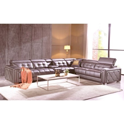Canapé d'angle en cuir de buffle italien de luxe, 6/7 places, PRESTIGIA, couleur moka, angle droit