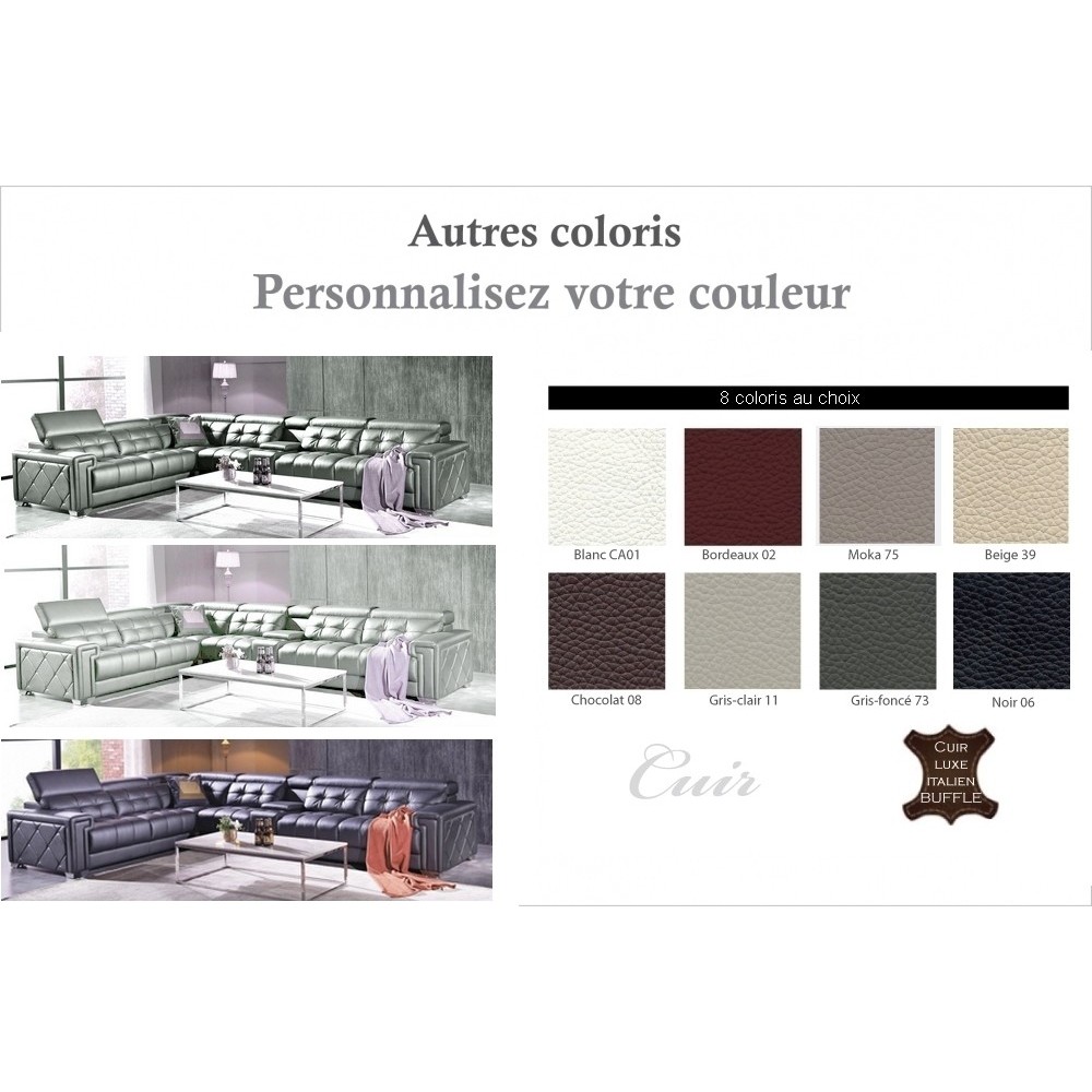 Canapé d'angle en cuir de buffle italien de luxe 6/7 places, PRESTIGIA, couleur personnalisée, angle gauche Canapé d'angle en cuir de buffle italien de luxe 6/7 places, PRESTIGIA, couleur personnalisée, angle gauche