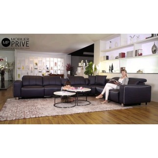Canapé d'angle relax en cuir de buffle italien de luxe double relax électrique, 7/8 places, MONTE CARLO, couleur noir, angle dro