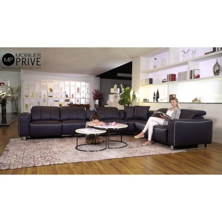 Canapé d'angle relax en cuir de buffle italien de luxe double relax électrique, 7/8 places, MONTE CARLO, couleur noir, angle dro