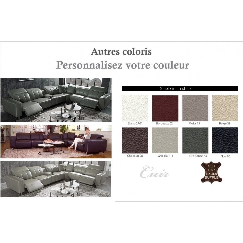 Canapé d'angle relax en cuir de buffle italien de luxe double relax électrique, 7/8 places, MONTE CARLO, couleur personnalisée, Canapé d'angle relax en cuir de buffle italien de luxe double relax électrique, 7/8 places, MONTE CARLO, couleur personnalisée,