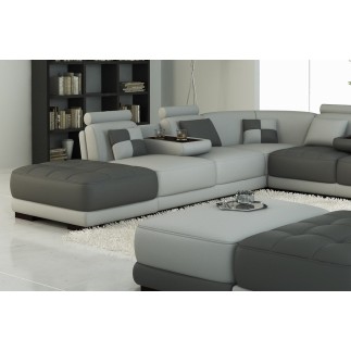 Canapé d'angle en 100% Tout Cuir intégral italien 7/8 places ELIXIR PRESTIGE, avec 3 poufs et la table, gris foncé et gris clair