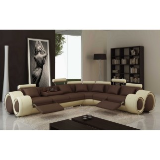 Canapé d'angle en cuir italien 7 places Grand EXCELIA, chocolat et écru, angle droit. 2 POUFS OFFERTS