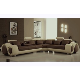 Canapé d'angle en cuir italien 7 places Grand EXCELIA, chocolat et écru, angle droit. 2 POUFS OFFERTS