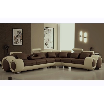 Canapé d'angle en cuir italien 7 places Grand EXCELIA, chocolat et écru, angle droit. 2 POUFS OFFERTS