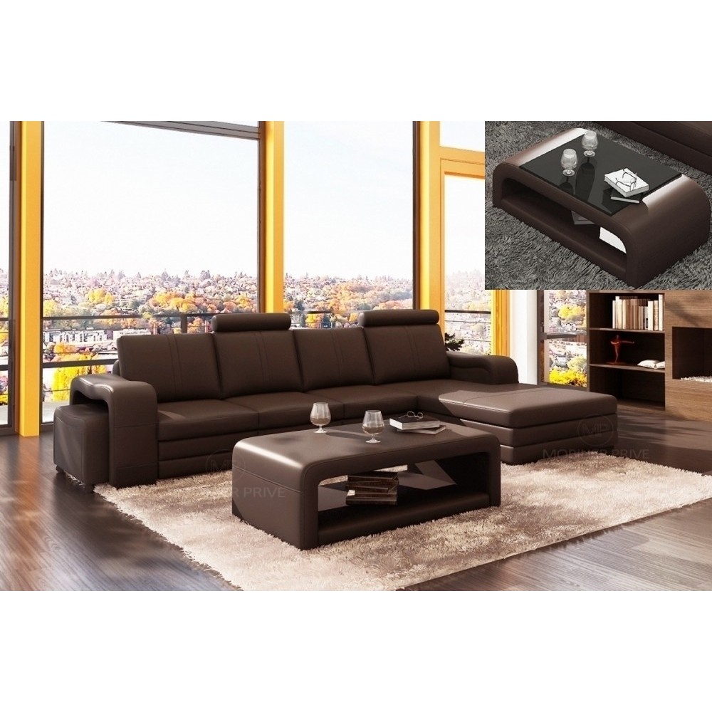 1er paiement de la commande , 1X Canapé d'angle en cuir italien 5/6 places romario, chocolat -angle droit, Table basse design je