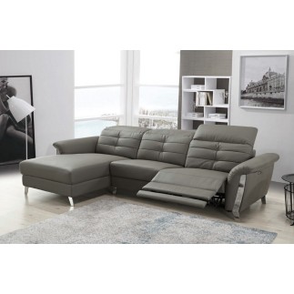 - Canapé d'angle avec un relax électrique en cuir de buffle italien de luxe, 5 places BEAURELAX gris foncé, angle gauche, POUF O