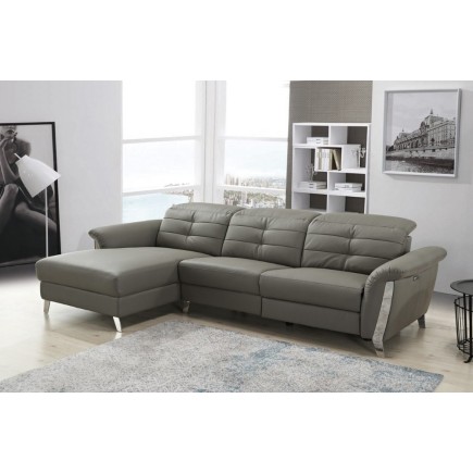 - Canapé d'angle avec un relax électrique en cuir de buffle italien de luxe, 5 places BEAURELAX gris foncé, angle gauche, POUF O