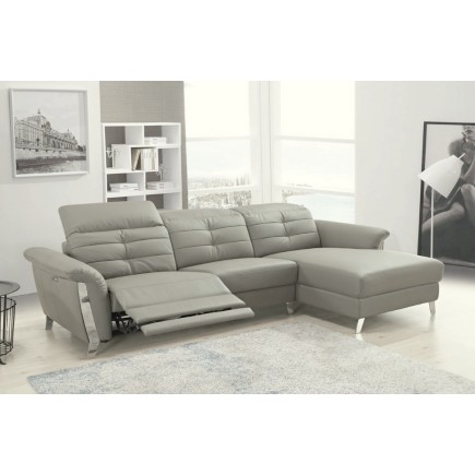 Canapé d'angle avec un relax électrique en cuir de buffle italien de luxe 5 places BEAURELAX gris clair, angle droit, POUF OFFER