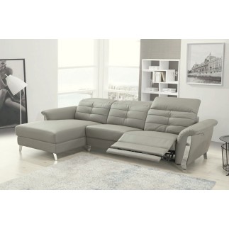 - Canapé d'angle avec un relax électrique en cuir de buffle italien de luxe, 5 places BEAURELAX gris clair, angle gauche, POUF O