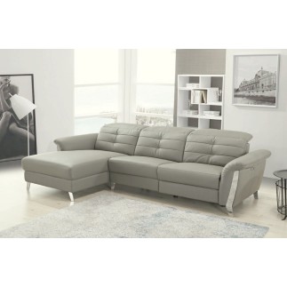 - Canapé d'angle avec un relax électrique en cuir de buffle italien de luxe, 5 places BEAURELAX gris clair, angle gauche, POUF O