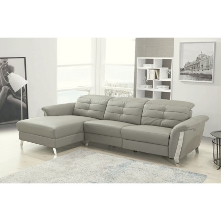 - Canapé d'angle avec un relax électrique en cuir de buffle italien de luxe, 5 places BEAURELAX gris clair, angle gauche, POUF O