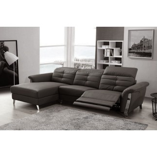 - Canapé d'angle avec un relax électrique en cuir de buffle italien de luxe, 5 places BEAURELAX noir, angle gauche, POUF OFFERT