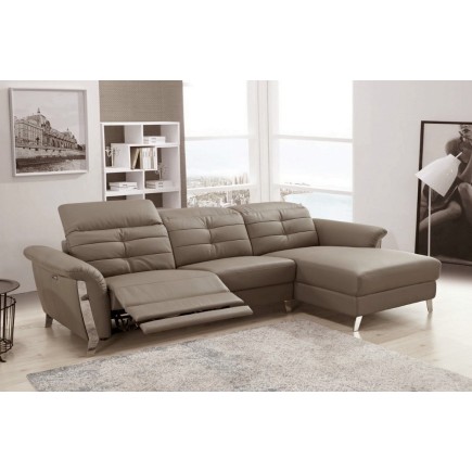 Canapé d'angle avec un relax électrique en cuir de buffle italien de luxe 5 places BEAURELAX moka, angle droit, POUF OFFERT