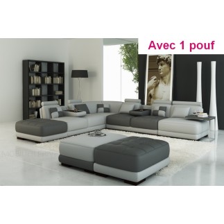 Canapé d'angle en cuir italien 7/8 places ELIXIR, gris clair et gris foncé, avec un pouf inclus