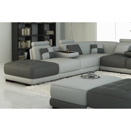 Canapé d'angle en cuir italien 7/8 places ELIXIR, gris clair et gris foncé, avec un pouf inclus, angle gauche