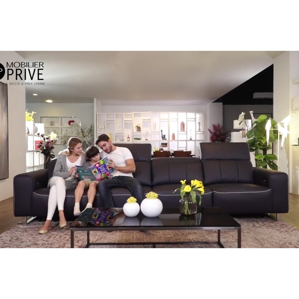 Canapé droit 5 places en cuir de buffle italien de luxe, en option avec 2 relax électriques, PLAZZA, couleur noir Canapé droit 5 places en cuir de buffle italien de luxe, en option avec 2 relax électriques, PLAZZA, couleur noir