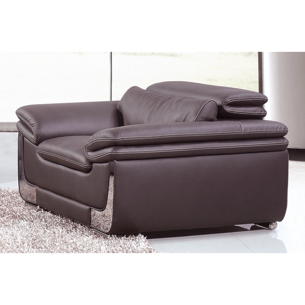 Fauteuil 1 place en cuir italien buffle ITALINA, chocolat avec surpiqure blanche