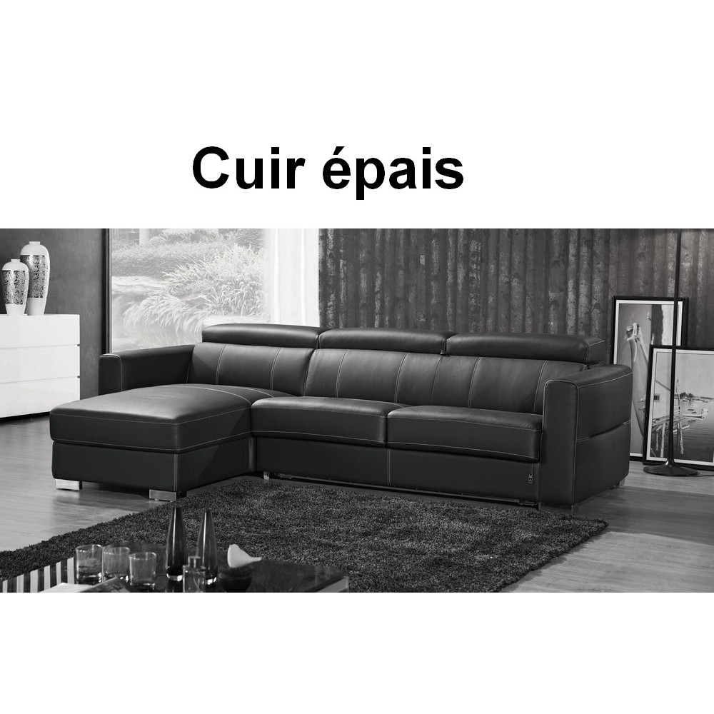 Canapé d'angle convertible en cuir EPAIS de buffle italien de luxe 5 places ANTHONY, NOIR, angle gauche. Commande personnalisée