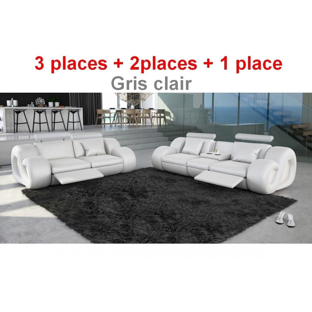 Ensemble Canapé 3 places canapé 2 places et fauteuil, en cuir supérieur luxe haut de gamme italien MONRELAX, GRIS CLAIR