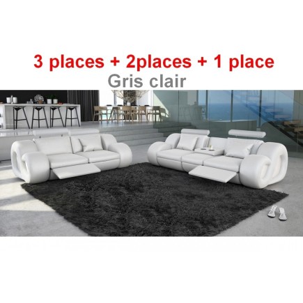 Ensemble Canapé 3 places canapé 2 places et fauteuil, en cuir supérieur luxe haut de gamme italien MONRELAX, GRIS CLAIR