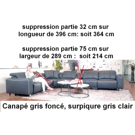 Canapé d'angle cuir buffle italien de luxe avec 2 relax électriques MONTE CARLO gris foncé et surpiqure gris clair, angle gauche