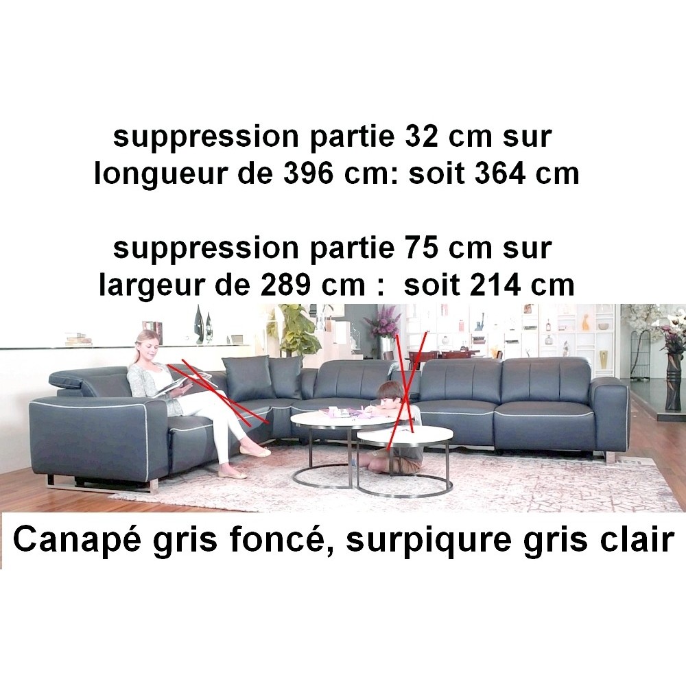 1er paiement Canapé d'angle cuir buffle italien de luxe avec 2 relax électriques MONTE CARLO gris foncé, surpiqure gris clair, a